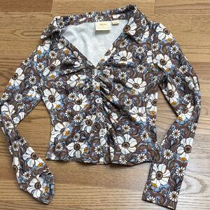 Maeve Floral Long Sleeve Top in White, Blue & Brown